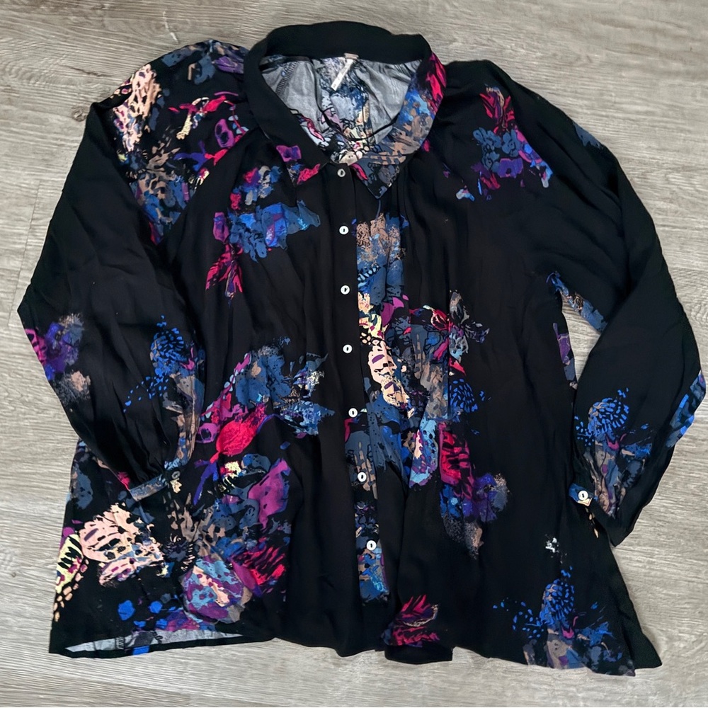 Free People Meadow Lark Button Down Floral Tunic Blouse